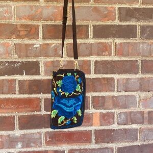 Blue and Black Floral and Bird Embroidered Crossbody w/cell pouch Wallet/Bag